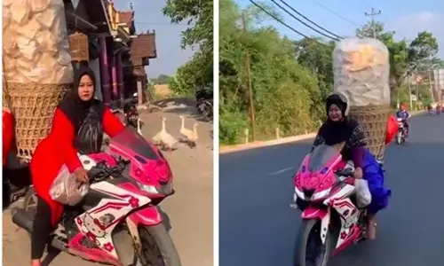 Viral!!! Seorang Ibu Tunggal Berjualan Kerupuk Keliling Dengan Sepeda Motor Besar Bergambar Hello Kitty